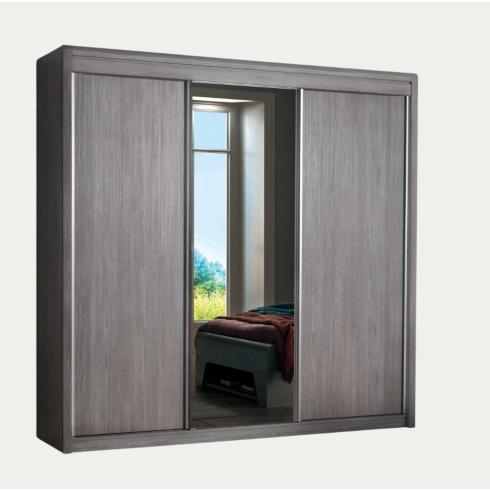 Armoire 2 portes coulissantes bois, 1 miroir central - Multy
